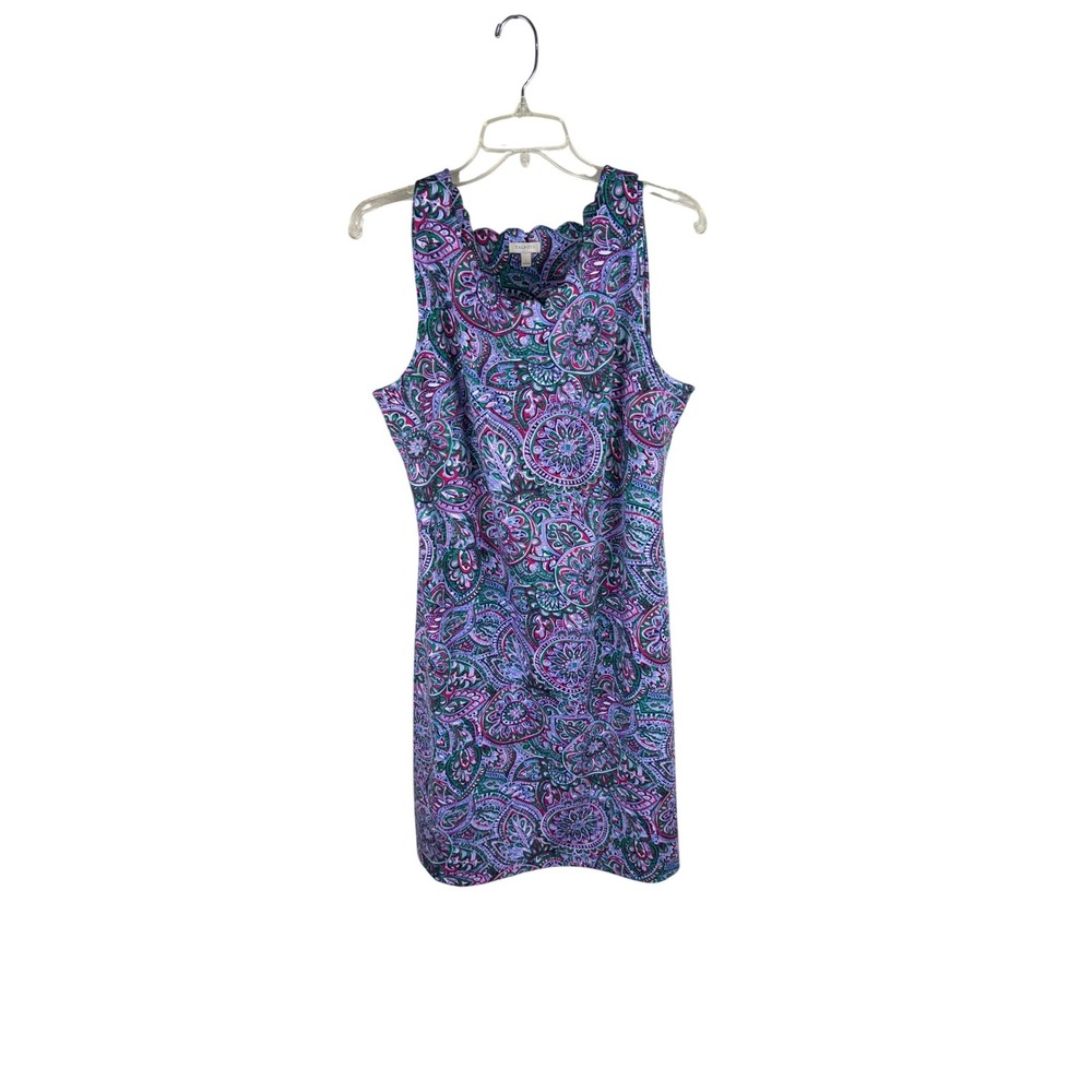 Talbots Womens Purple Green Paisley Medallion Scalloped Neck Shift Dress Size L